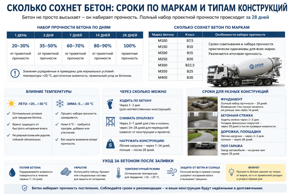 Сколько сохнет бетон: сроки по маркам и типам конструкций