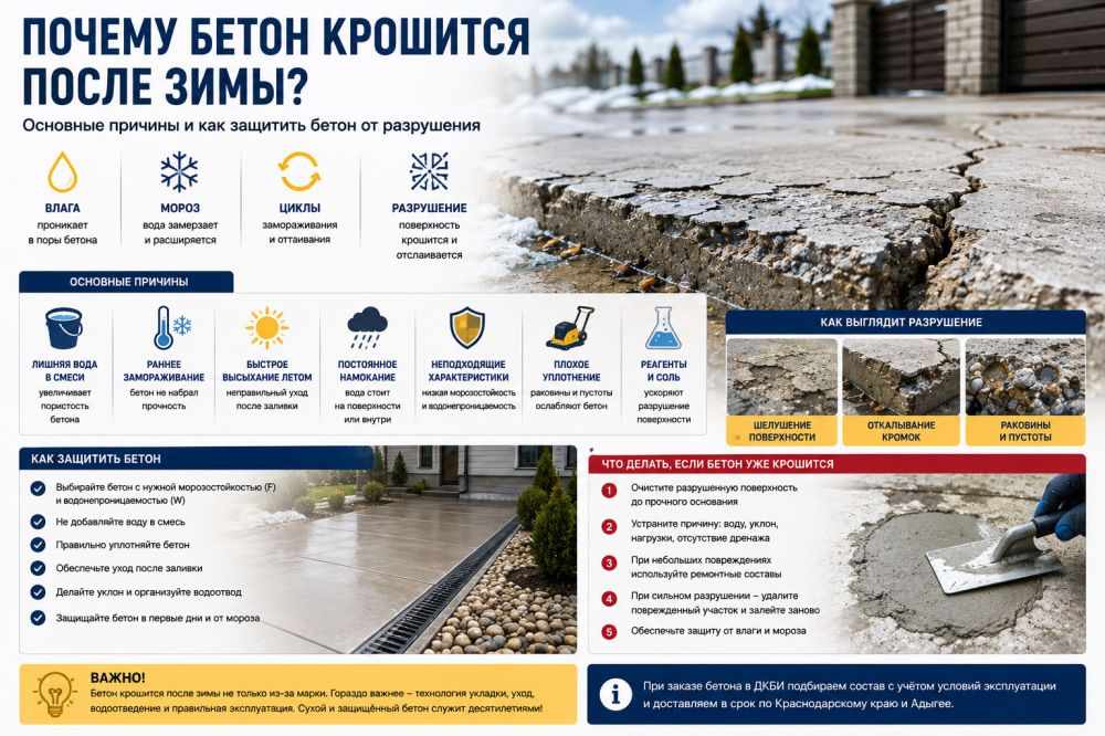 Почему бетон крошится после зимы: причины и что делать