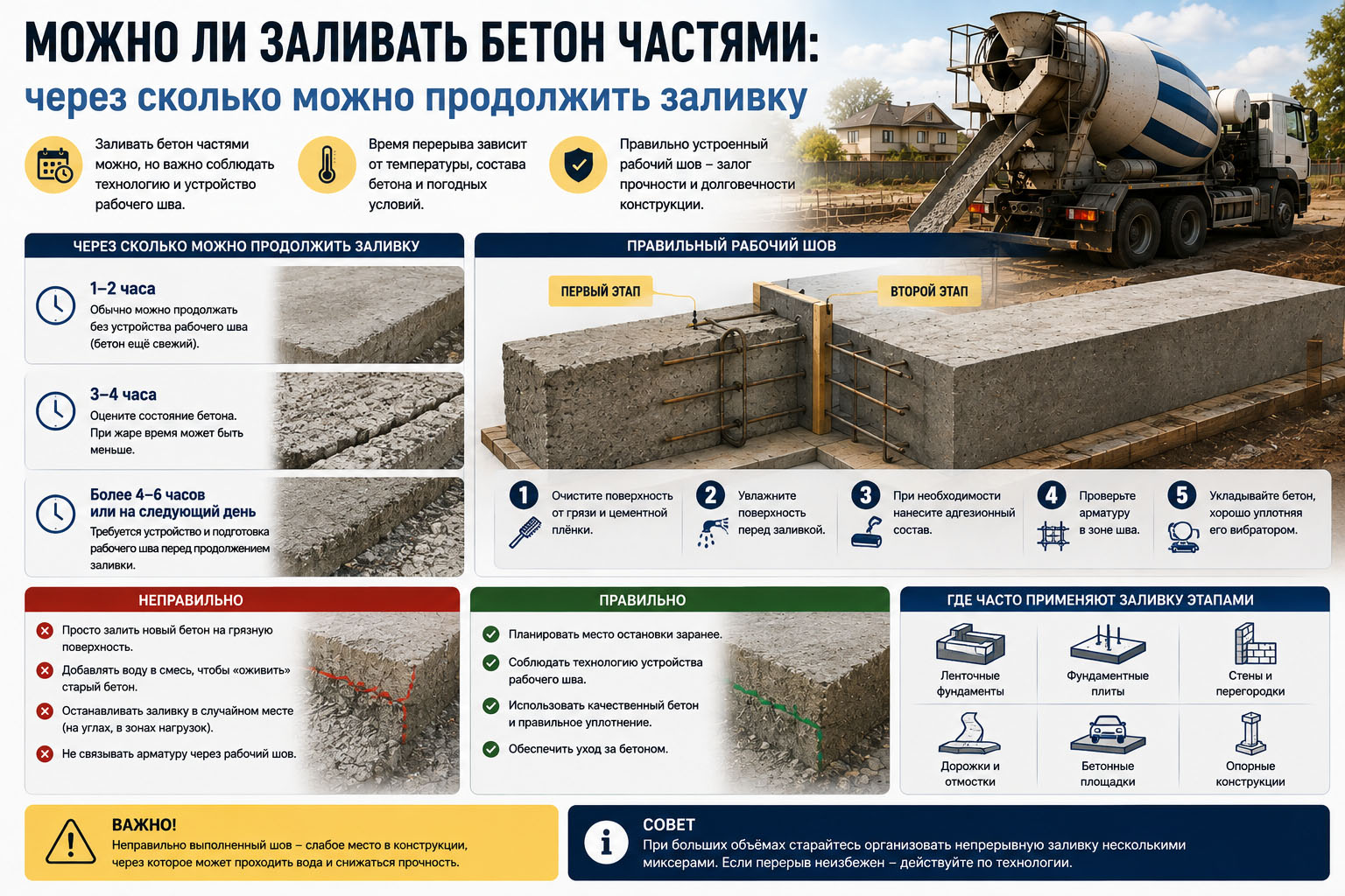 Можно ли заливать бетон частями: через сколько можно продолжить заливку