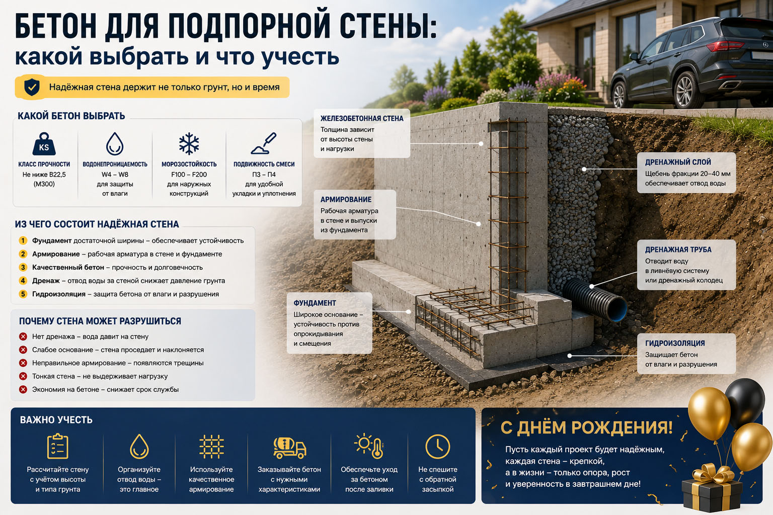 Какой бетон нужен для подпорной стены: марка, толщина, армирование и дренаж