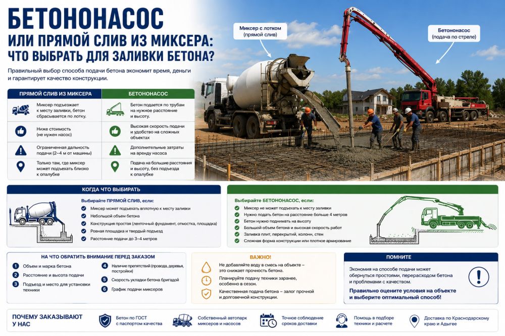 Бетононасос или прямой слив из миксера: что выбрать для заливки бетона