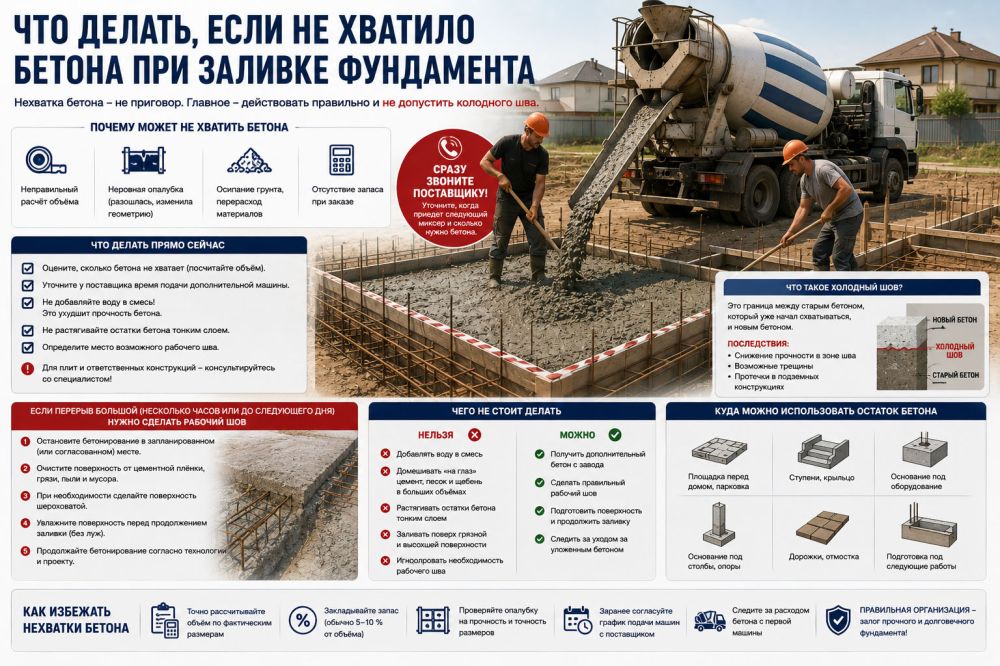 Что делать, если не хватило бетона при заливке фундамента
