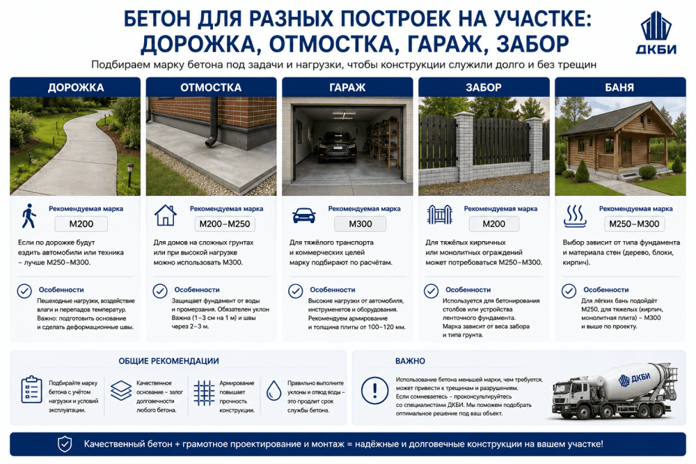 Бетон для разных построек на участке: дорожка, отмостка, гараж, забор