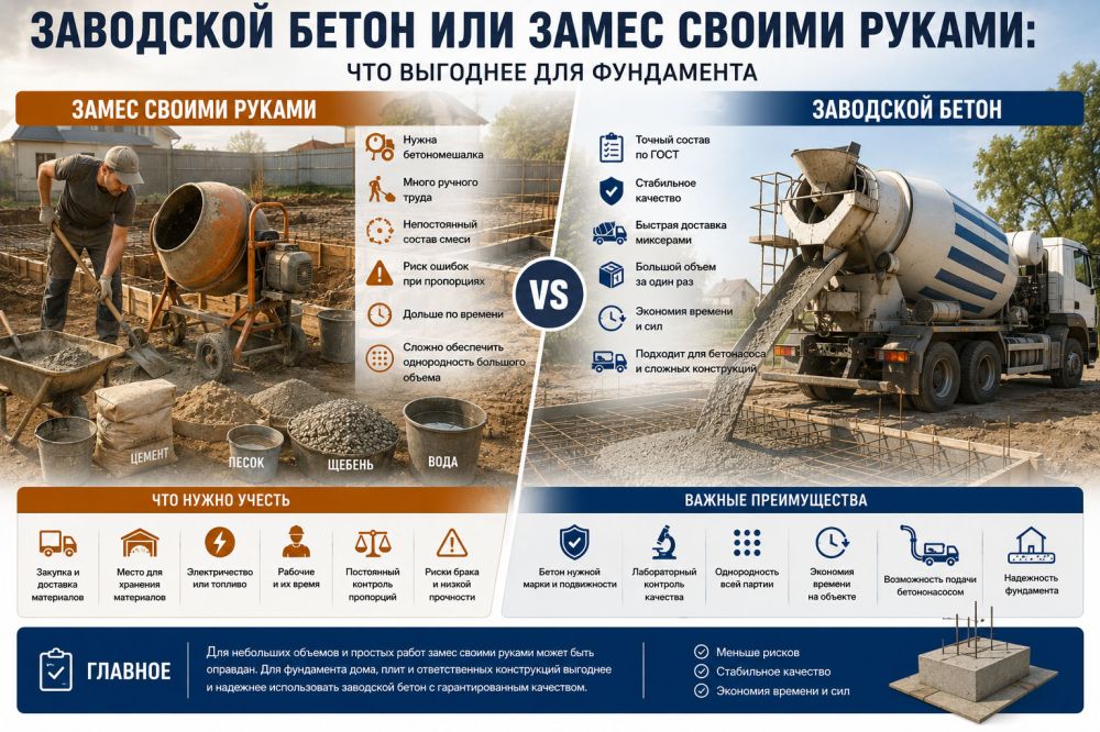 Заводской бетон или замес своими руками: что выгоднее для фундамента