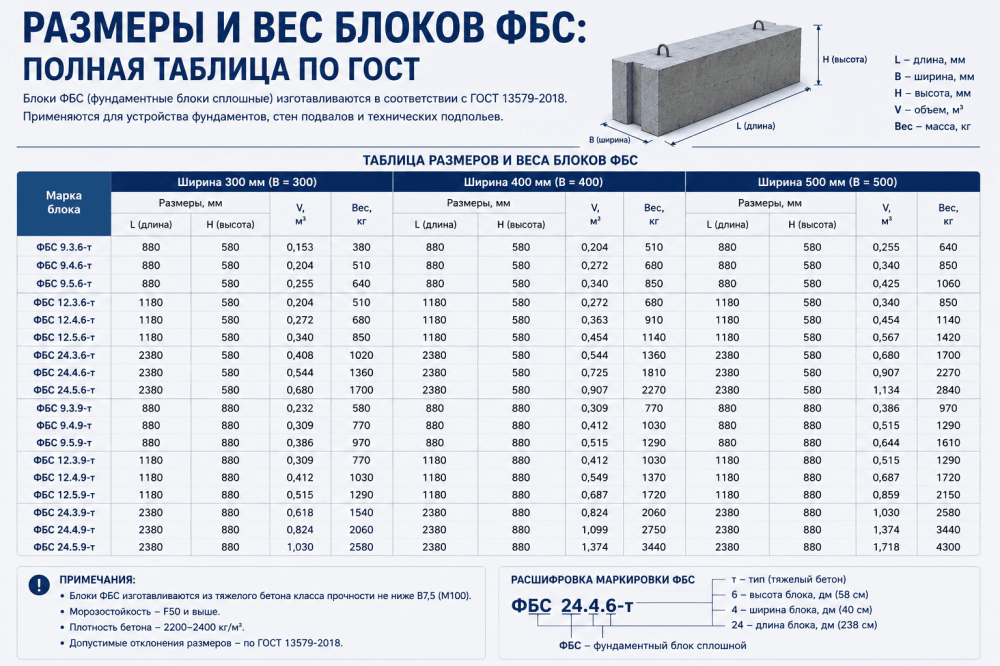 Размеры и вес блоков ФБС: полная таблица по ГОСТ 