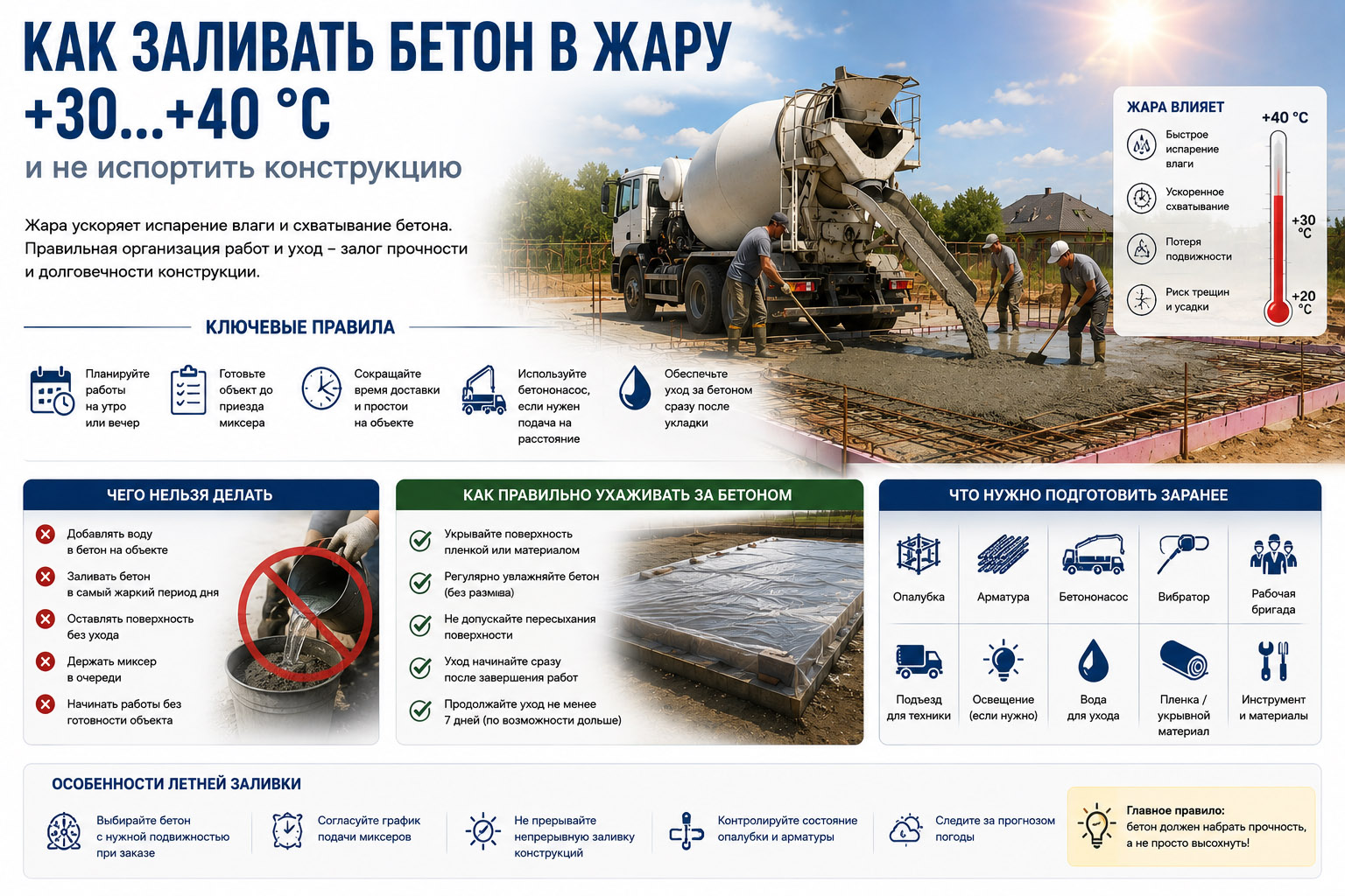 Как заливать бетон в жару +30...+40 °C и не испортить конструкцию