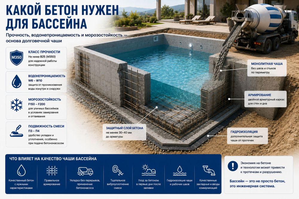 Какой бетон нужен для бассейна: марка, водонепроницаемость и морозостойкость