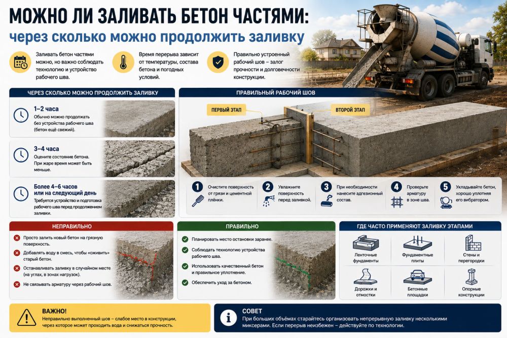 Можно ли заливать бетон частями: через сколько можно продолжить заливку