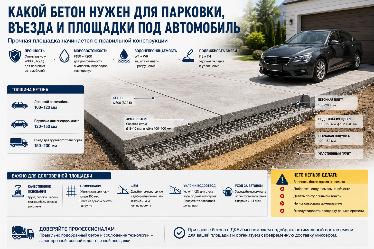 Какой бетон нужен для парковки, въезда и площадки под автомобиль